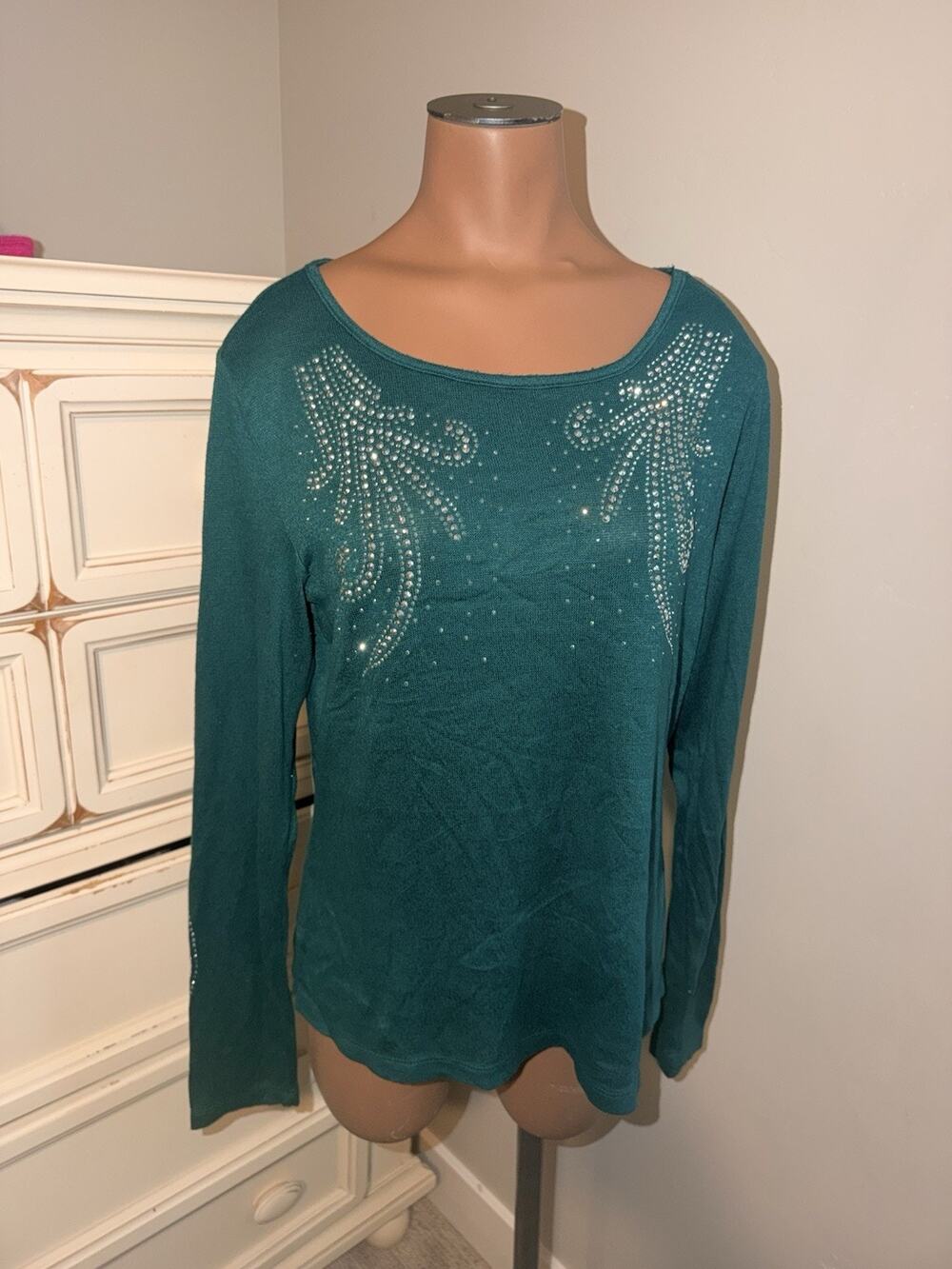 Rhinestone Embellished Green Long Sleeved Blouse Holiday western country Medium